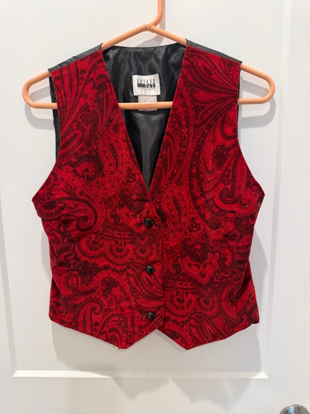 Leslie Fay Red Velvety Paisley Button-Front Vest